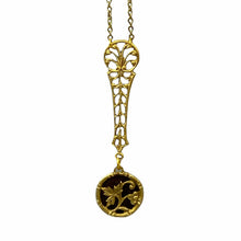 Load image into Gallery viewer, Antique Perfume Button, Upcycled Brass Ivy Floral Necklace, Gold Maroon Pendant