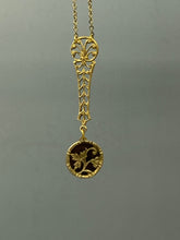 Load image into Gallery viewer, Antique Perfume Button, Upcycled Brass Ivy Floral Necklace, Gold Maroon Pendant