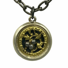 Load image into Gallery viewer, Victorian Brass and Marcasite Button Necklace, Ivy Motif, Gunmetal Chain