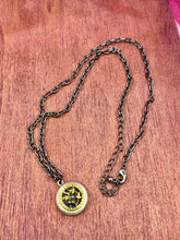 Load image into Gallery viewer, Victorian Brass and Marcasite Button Necklace, Ivy Motif, Gunmetal Chain