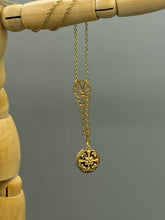 Load image into Gallery viewer, Antique Perfume Button, Upcycled Brass Ivy Floral Necklace, Gold Maroon Pendant