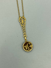 Load image into Gallery viewer, Antique Perfume Button, Upcycled Brass Ivy Floral Necklace, Gold Maroon Pendant