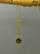 Load image into Gallery viewer, Antique Perfume Button, Upcycled Brass Ivy Floral Necklace, Gold Maroon Pendant