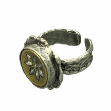 Load image into Gallery viewer, Victorian Metal Brass Up-cycled Snowflake Silver Button Ring