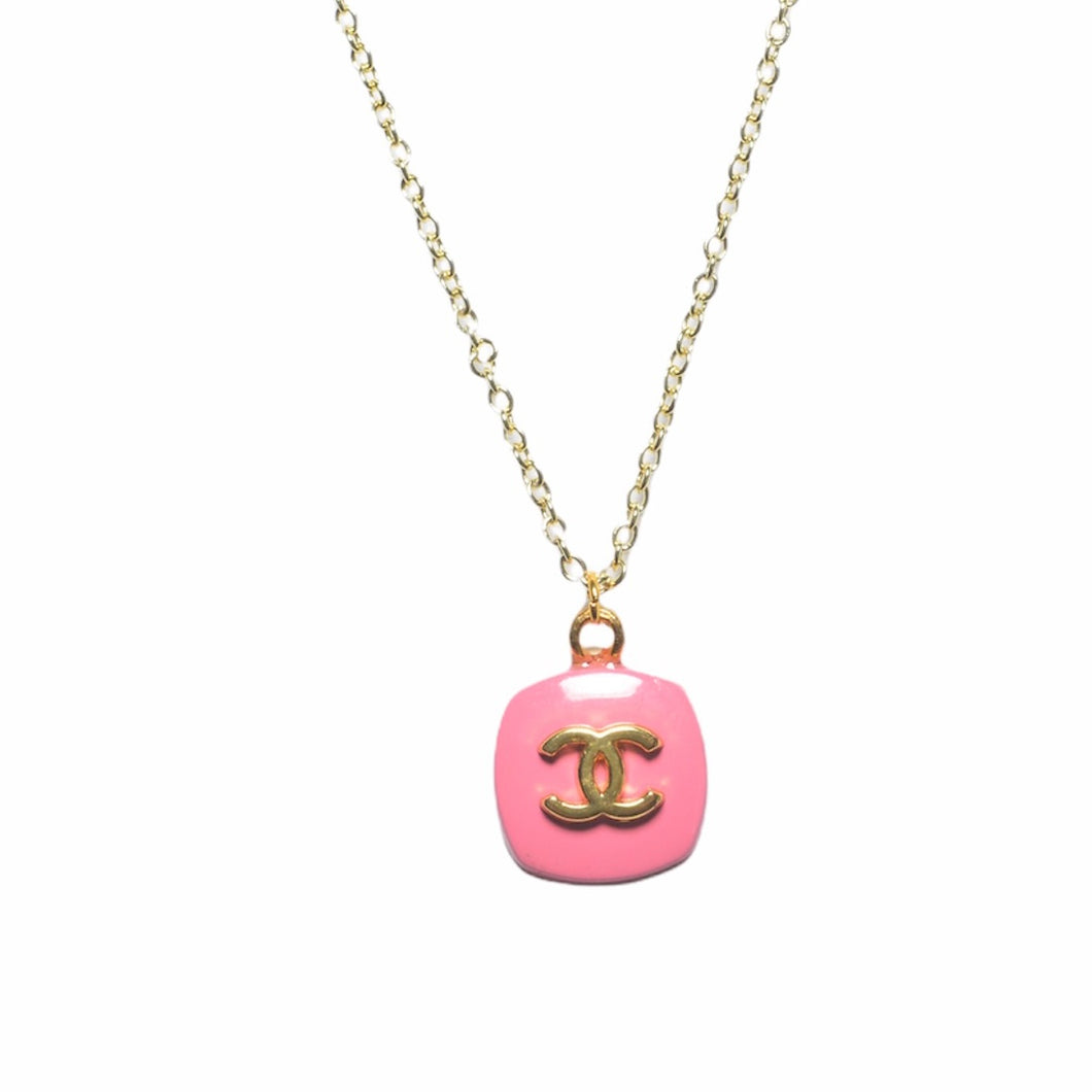 Pink and Gold Square Designer Button Necklace Pendant