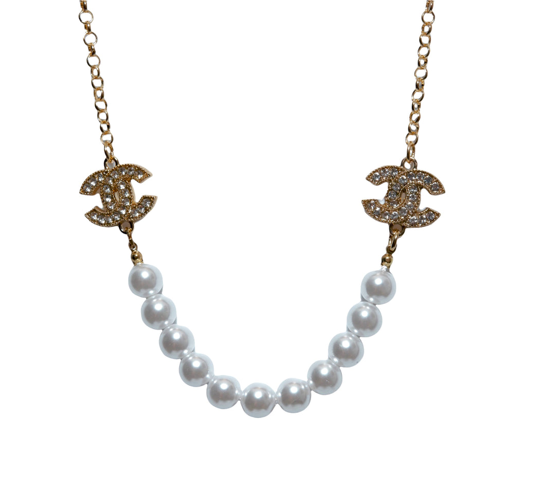 Designer Interlocking CC Pearl and Gold Button Necklace