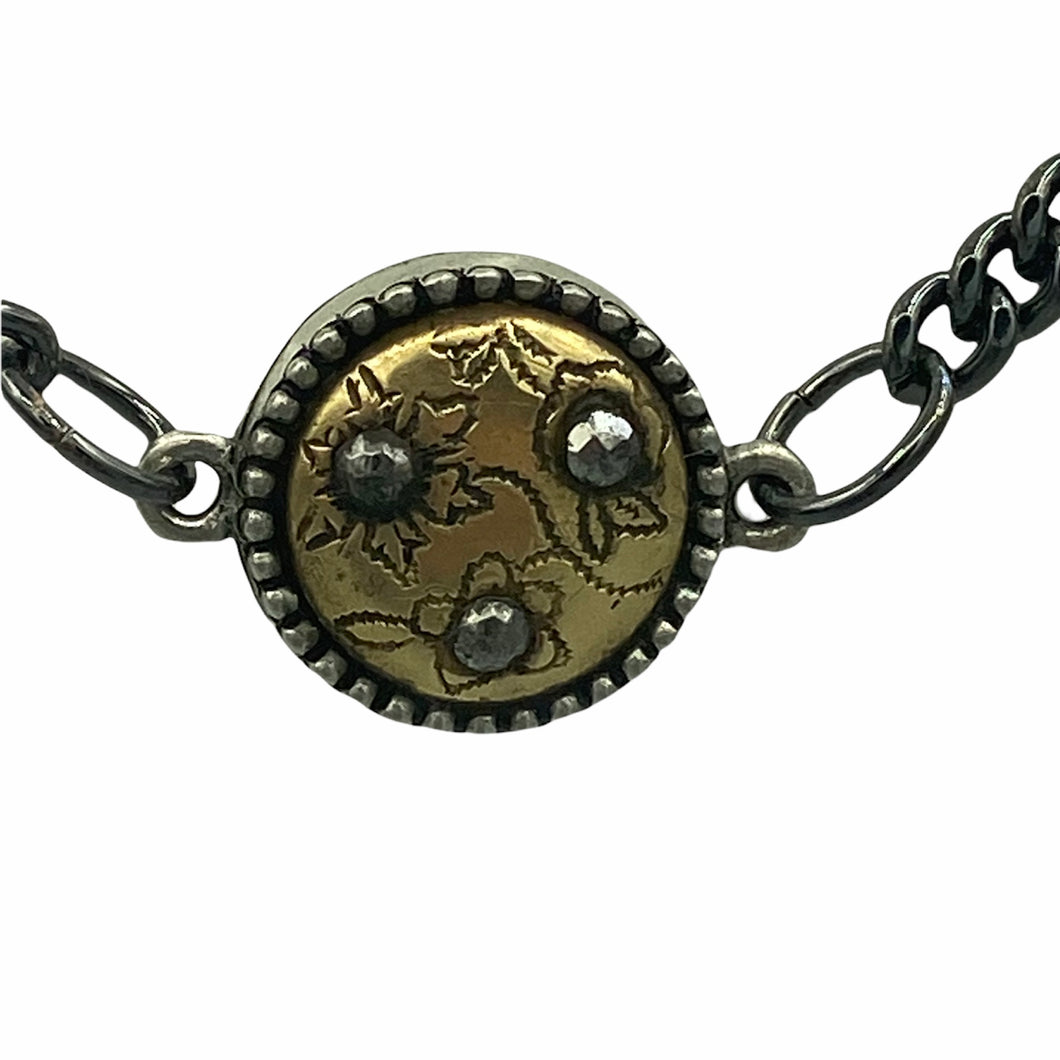 Gold and Marcasite Antique Floral Button Necklace, Gunmetal Toggle Necklace