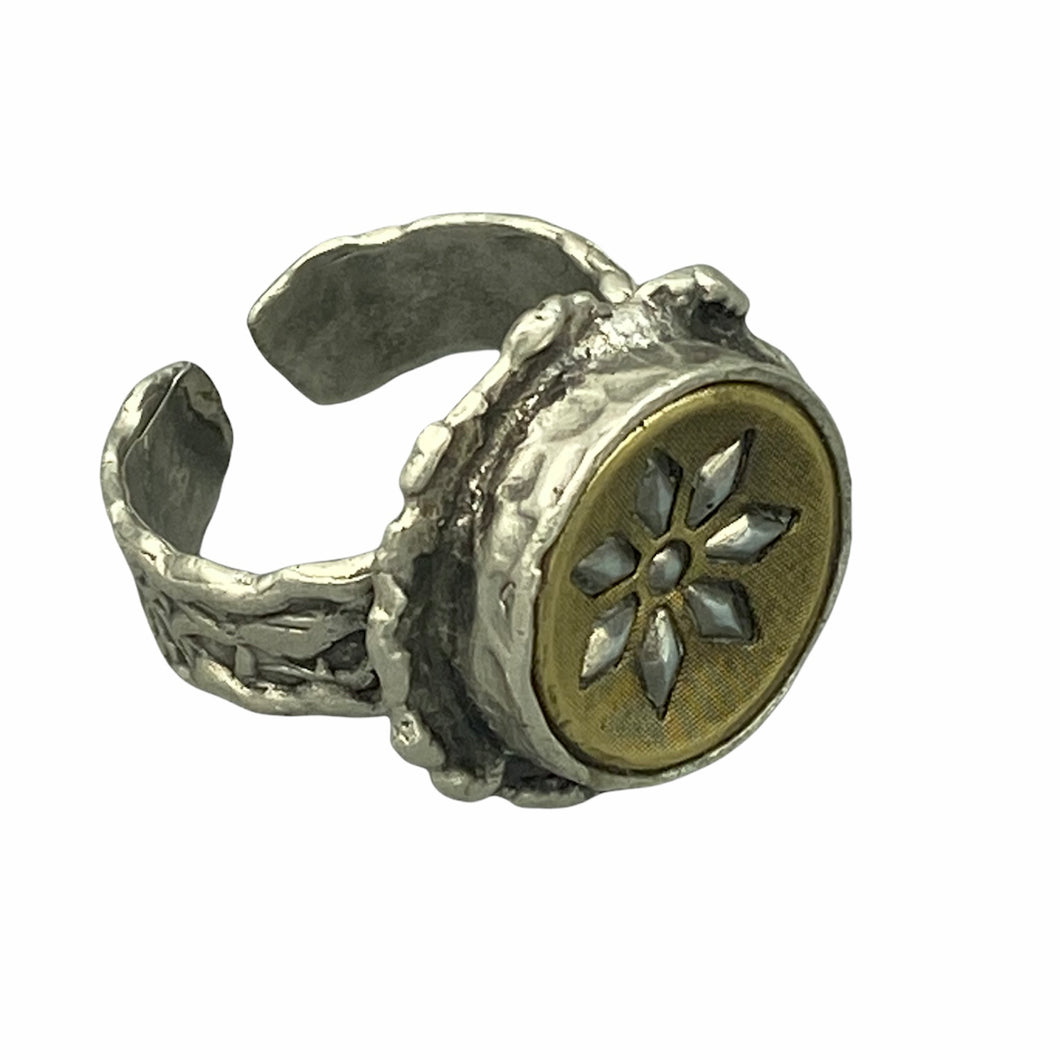 Victorian Metal Brass Up-cycled Snowflake Silver Button Ring