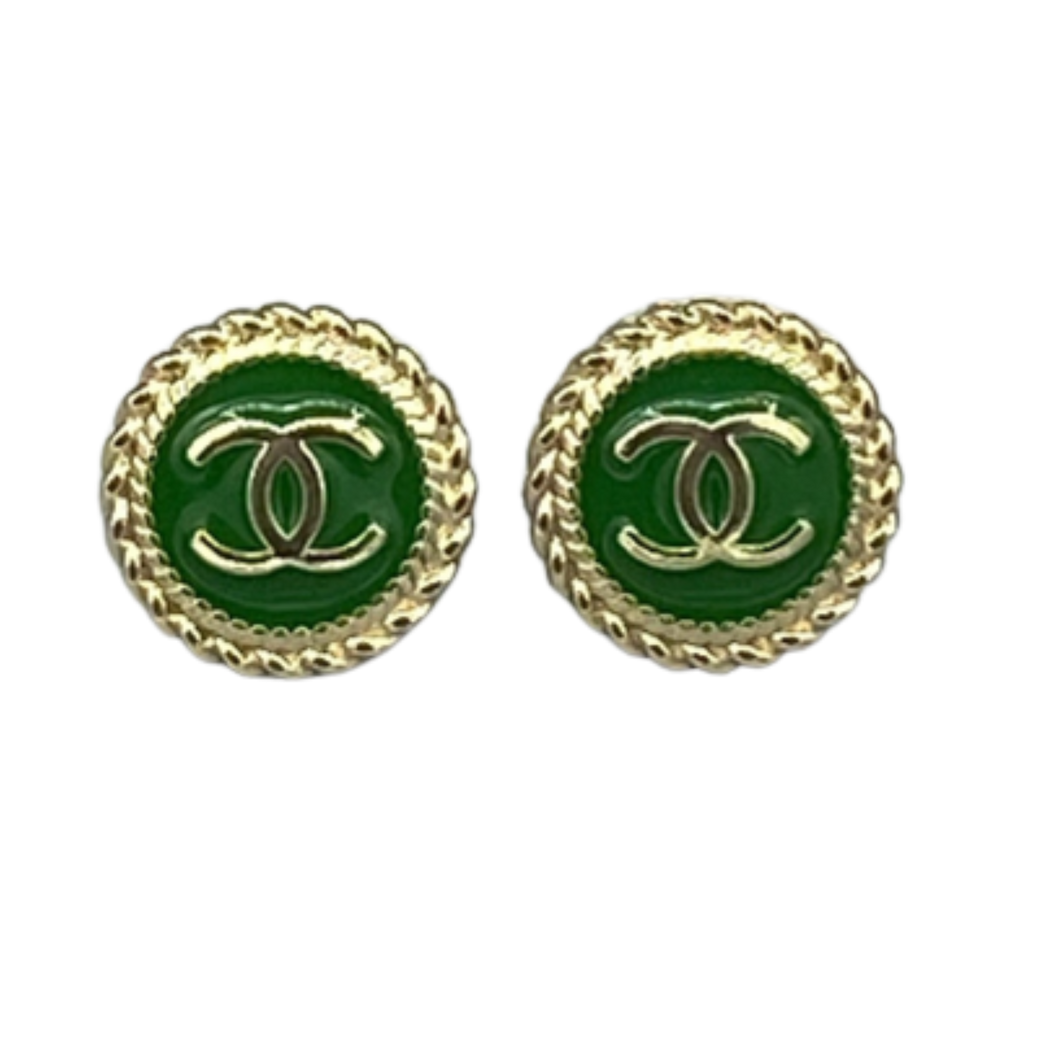 Rope Button Earrings - Green/Gold