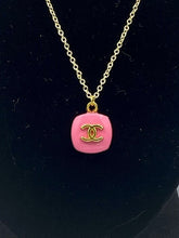 Load image into Gallery viewer, Pink and Gold Square Designer Button Necklace Pendant
